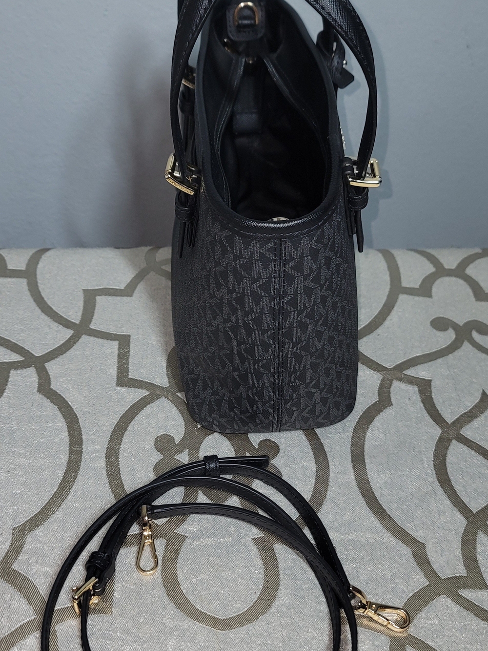 Michael Kors Black MK Logo Tote with Gold Accent Charm - Picture 7 of 7